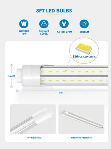 Miniatura 3 de ELEKICO Bombilla LED de 8 pies, luz de tienda en forma de V de 8 pies, 6000 K, 75 W, 9500 LM, reemplazo de luz de tubo LED T8/T10/T12, derivación