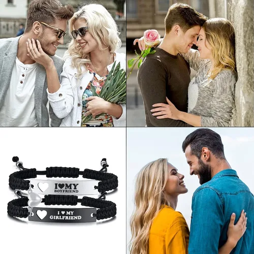 Miniatura 3 de Pulseras de corazón a juego para parejas, ajustables, trenzadas, con texto en inglés "I Love My Boyfriend Girl", pulseras de larga distancia