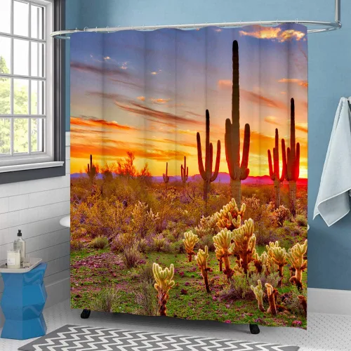Miniatura 3 de LUKUY Saguaro - Cortina de ducha para el baño, diseño de paisaje del desierto de Arizona con cactus montaña al atardecer, tela de tela con ganchos
