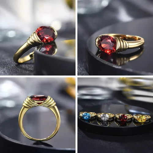 Miniatura 2 de AllenCOCO Gold Ring for Women Trendy Ruby Ring Red Gemstone Chunky Ring 18k Gold Plated Band Ring Signet Statement Ring Size 6
