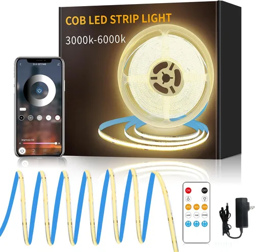 Miniatura 9 de Tira de luces LED COB de 32.8 pies, 3000 K, blanco cálido, regulable, CC de 24 V, cinta LED flexible para dormitorio, con control remoto