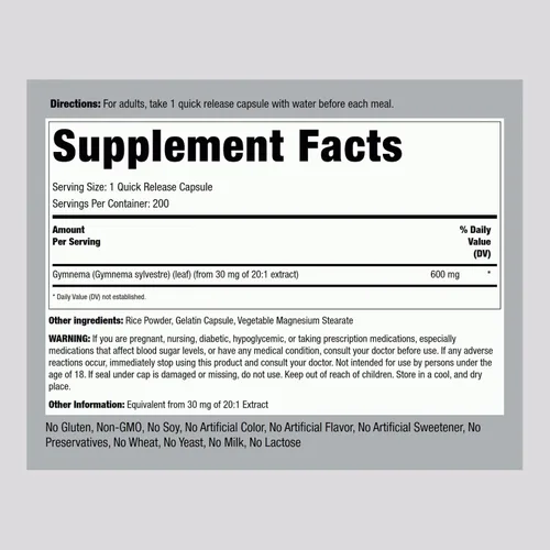 Miniatura 2 de Piping Rock Gymnema Sylvestre Suplementos 200 cápsulas Extracto de hierbas concentrado Sin OMG y sin gluten