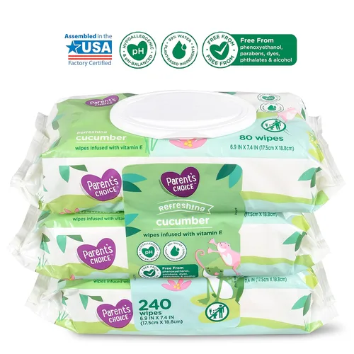 Miniatura 2 de Parent's Choice Toallitas húmedas refrescantes con aroma a pepino con infusión de vitamina E y aloe, 240