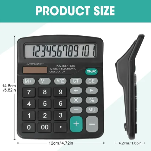 Miniatura 5 de Paquete de 12 calculadoras a granel, calculadoras de escritorio de 12 dígitos con pantalla LCD grande y botón sensible, energía solar y batería