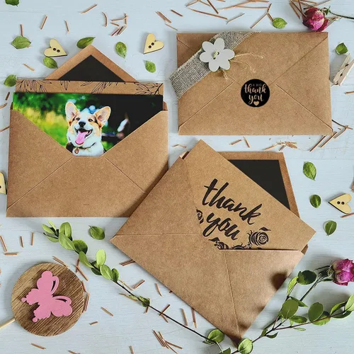 Miniatura 6 de 150 tarjetas de agradecimiento con sobres y calcomanías de papel kraft marrón a juego, 10 diseños elegantes de papel kraft a granel, notas en blanco