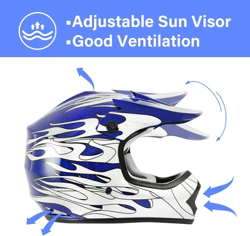 Miniatura 3 de TCT-MOTORPARTS - Casco para niños o jóvenes con lentes y guantes, aprobado por el DOT, para motocross, modelo de llama azul, para cuatrimoto y fuera