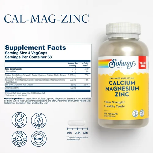 Miniatura 2 de SOLARAY Suplemento de Calcio, Magnesio y Zinc - con Calcio 1000mg, Magnesio 500mg - Salud ósea, función muscular, salud del corazón y apoyo