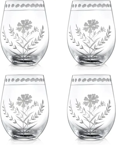 Miniatura 8 de Joeyan Vasos de Vidrio para Beber Grabados Soplados a Mano, Vasos de Agua de Vidrio Transparente con Patrón Floral, Juego de Cristalería Tumbler