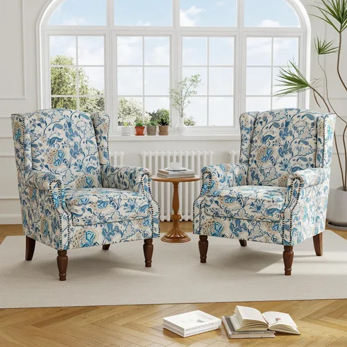 Miniatura 33 de Silla reclinable tapizada, sillón de ala floral con respaldo y reposapiés ajustables, cómoda silla decorativa para leer, sofá individual