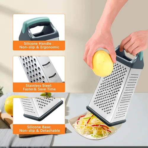 Miniatura 7 de Rallador de caja, rallador de queso de acero inoxidable de 4 caras con asa, rallador de alimentos para cocina, rebanador de queso para alimentos