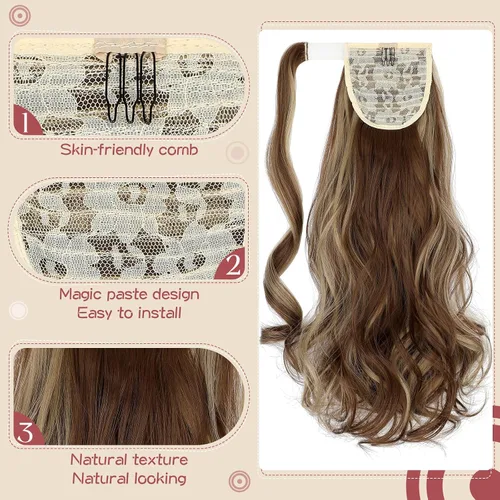 Miniatura 3 de FELENDY Extensión de cola de caballo, extensiones de cabello rizado ondulado de 18 pulgadas para mujer, extensiones de cabello sintético con clip