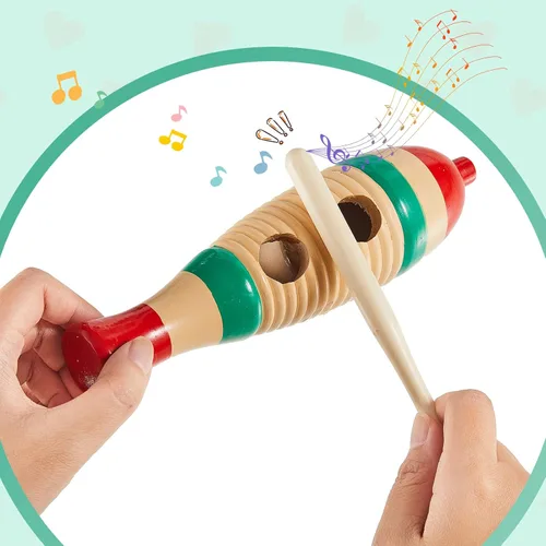 Miniatura 4 de 2 piezas de instrumento de guiro de rana de madera en forma de pez colorido, instrumento de percusión musical latino para adultos con palos de ritmo