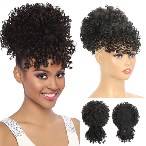Miniatura 8 de Extensión de cola de caballo afro rizada Fayasu para mujeres negras, con cordón, cola de caballo con cabello rizado y flequillo, extensión