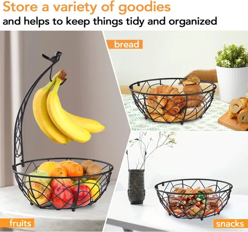 Miniatura 2 de Buruis Cesta de frutas con colgador de plátanos, contenedor de frutas con diseño moderno de pájaros, cesta de mesa creativa para encimera de cocina