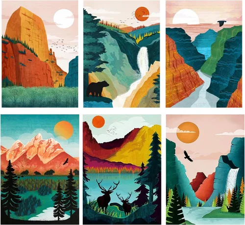 Miniatura 10 de 6 paquetes de pintura por números para adultos principiantes, kits de pintura por números de parques nacionales sobre lienzo sin marco, Yellowstone