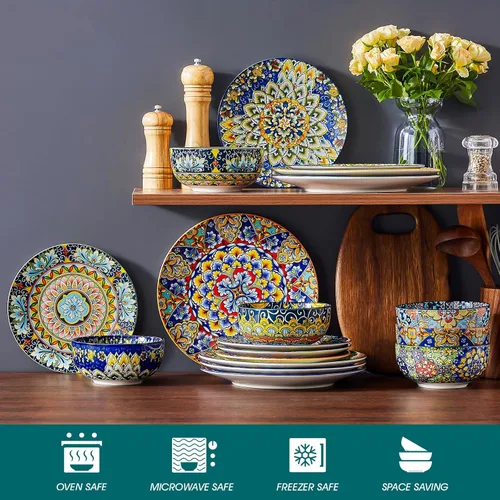 Miniatura 4 de vancasso Juego de vajilla de 18 piezas, platos y cuencos, juego de platos de porcelana para 6, aptos para microondas y lavavajillas, resistente a
