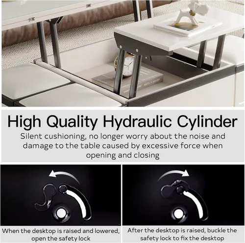 Miniatura 3 de Mesa auxiliar elevable con 4 taburetes, mesa de centro moderna de 47 pulgadas que se convierte en mesa de comedor con ruedas y cajones, mesa central