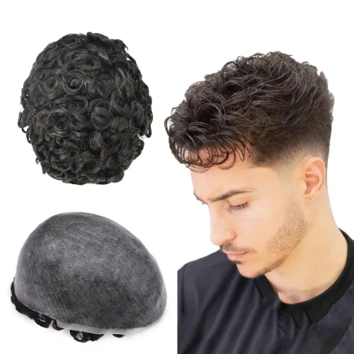 Miniatura 12 de LYRICAL HAIR Afro Toupee para hombres negros, sistemas de reemplazo de cabello humano afro ondulado de 0.236 pulgadas, inyección de poliuretano