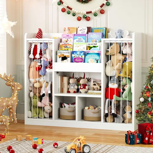 Miniatura 2 de ONBRILL Organizador de almacenamiento de juguetes, almacenamiento de animales de peluche con estantería de 4 niveles, funda de almacenamiento