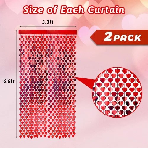 Miniatura 3 de AIBIIN Paquete de 2 cortinas de flecos de papel de aluminio de corazón rojo de 3.3 x 6.6 pies para el día de San Valentín, cortinas de fondo
