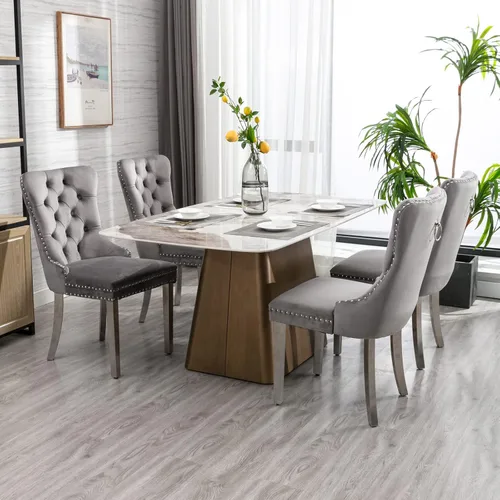 Miniatura 10 de Juego de 2 sillas de comedor de terciopelo, sillas decorativas tapizadas con patas de metal plateado, ribete de cabeza de clavo, tirador de anillo
