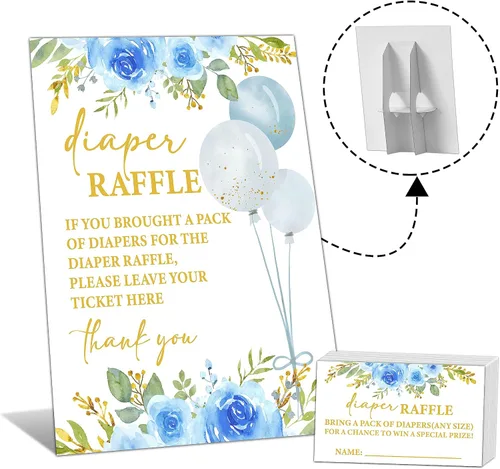 Cartel de 8 x 10 pulgadas para sorteo de pañales con 50 boletos para rifas de pañales, juegos florales azules para baby shower, suministros de