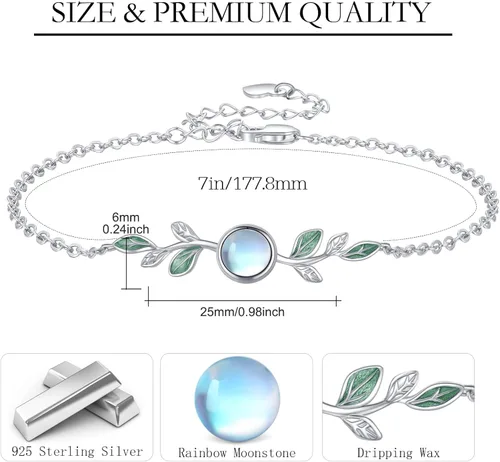 Miniatura 6 de ConBo Moonstone Leaf Bracelet S925 Sterling Silver Leaf Moonstone Jewelry Gift for Mother Mom Wife Moonstone Bracelet for Women Girls Birthday