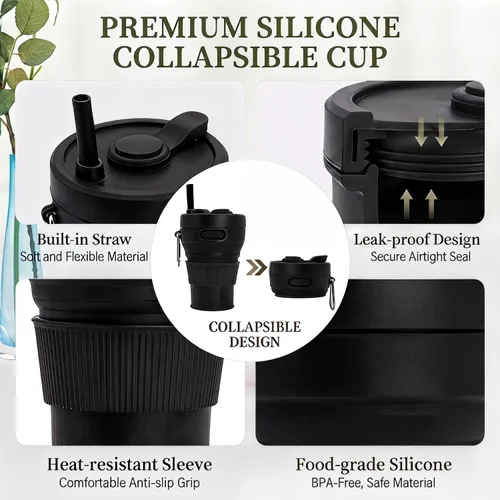 Miniatura 4 de Taza de café de silicona plegable para camping, viajes, con pajita, reutilizable, portátil, para senderismo, al aire libre, 15.2 fl oz