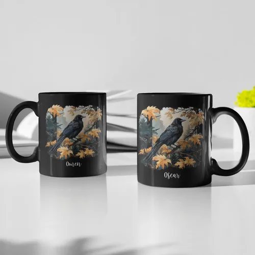 Miniatura 4 de Taza de café personalizada de cuervo con nombre de amante de cuervos, taza de café negra personalizada de animales de 11 onzas y 15 onzas, taza