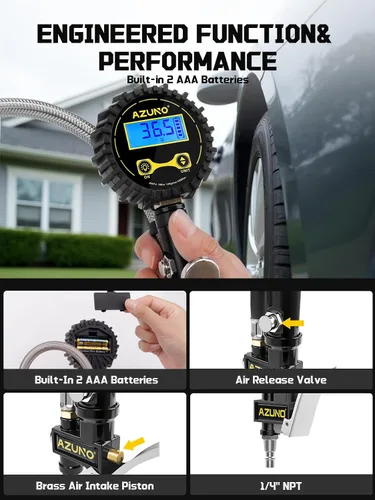 Miniatura 6 de AZUNO Inflador digital de neumáticos con medidor de presión, accesorios de compresor de aire de alta resistencia de 200 PSI, con bloqueo de manguera