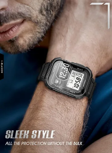 Miniatura 8 de i-Blason Correa deportiva de poliuretano termoplástico transpirable a prueba de golpes para Apple Watch 9, 8, 7 (1.772 in) con 2 fundas rígidas Negro