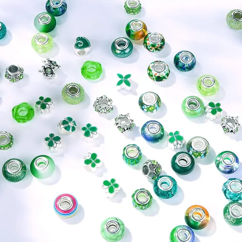 Miniatura 4 de 60 piezas de cuentas europeas surtidas con núcleo de cobre, espaciador de resina de agujero grande, sin núcleo de cobre, cuentas lampwork coloridas
