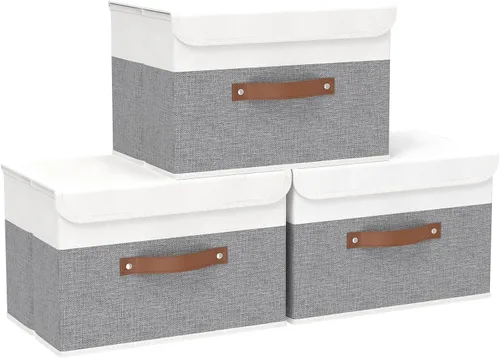 Miniatura 15 de Yawinhe SNK024BEN-1 Cajas de almacenamiento plegables, cestas apilables de tela de lino, contenedor con tapa y asa de cuero, lavable, para el hogar