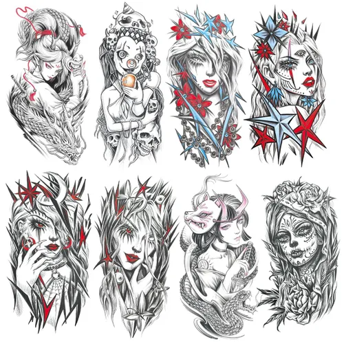 Miniatura 10 de 8 hojas de tatuajes temporales negros con flechas, brújulas, plumas, dragones, anclas, espadas, serpientes, árboles y flores para el brazo