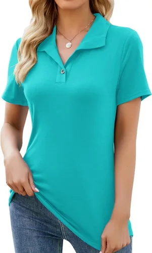 Ivicoer Camisas tipo polo de manga corta con cuello en V para mujer, con botones, blusas tipo túnica de trabajo, blusas casuales de negocios