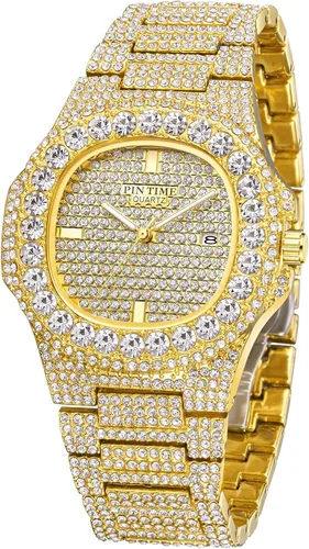 Miniatura 32 de Gosasa Reloj de pulsera unisex de cristal para hombre y mujer, reloj cubano con brillo completo, oblongo de plata/oro, reloj de pulsera de acero