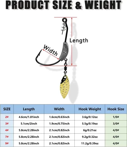 Miniatura 2 de Ganchos de natación con peso, 6 anzuelos Underspin Swimbait con Twistlock, ganchos de manivela con peso con cuchillas giratorias doradas/plateadas