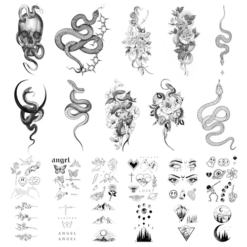 22 hojas de tatuajes temporales realistas, 10 hojas de tatuajes falsos de serpiente sexy, peonía floral, rosa, tribal, víbora, serpiente, tatuajes