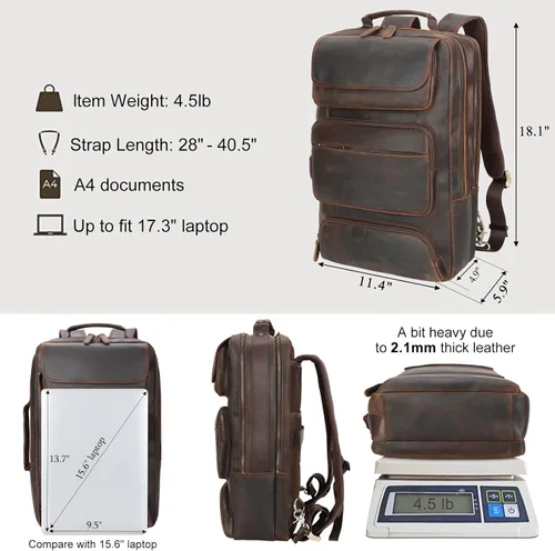 Miniatura 2 de TIDING Mochila para portátil de cuero de grano completo de 17.3 pulgadas para hombres, maletín de negocios convertible para fin de semana, bolsa