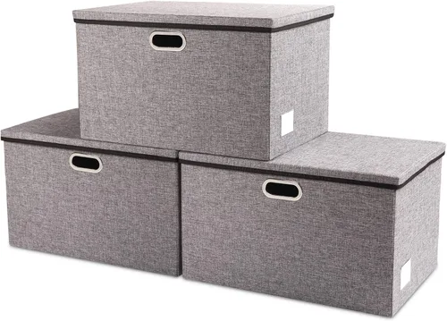 Miniatura 63 de PRANDOM Contenedor de almacenamiento plegable con tapa [1 unidad] Caja de almacenamiento decorativa de tela de lino, cesta organizadora con asas