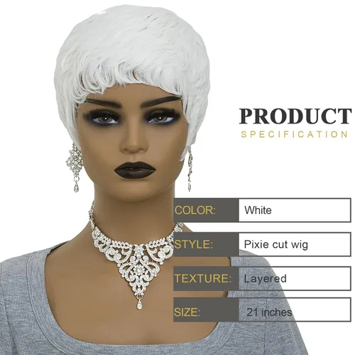Miniatura 3 de Pelucas blancas cortas Pixie para mujeres negras, cabello sintético ondulado natural con gorra ligera, peluca corta de corte Bob con textura suave