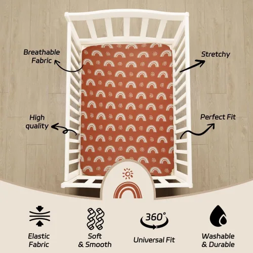 Miniatura 4 de Jola's House Paquete de 4 Sábanas para Corral – Sábanas de Minicuna Sábanas Bohemias para Guardería, Diseño de Sol y Arcoíris – Sábanas Ajustables