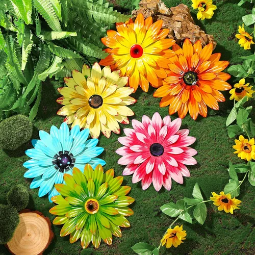 Miniatura 5 de Photect 6 piezas de flores de metal para colgar al aire libre, margaritas de metal para decoración de pared, flores 3D de múltiples capas
