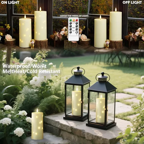 Miniatura 2 de kakoya Velas grandes sin llama parpadeantes impermeables para exteriores de 10" x 4" con temporizador, 2 velas LED de pilar que funcionan