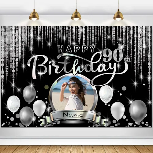 Miniatura 77 de Cartel de decoración de feliz cumpleaños número 100 personalizado - Personalización disponible - Negro y plateado - Tamaño grande - Admite fotos