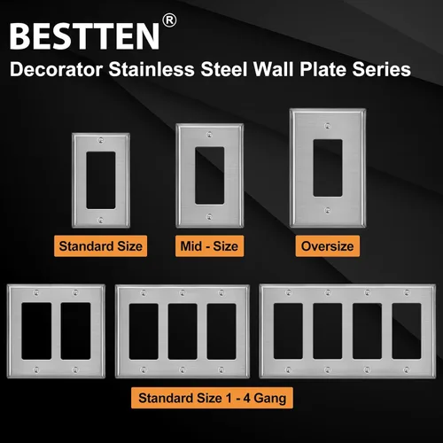Miniatura 8 de BESTTEN Paquete de 10 Placas de Pared de Metal Decorativas con Película Protectora, Cubierta de Tomacorriente de Acero Inoxidable Decorativa de 1 1.