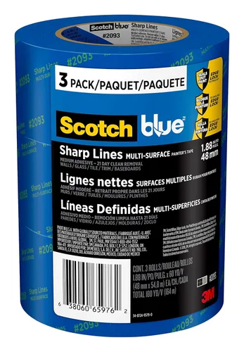 ScotchBlue Sharp Lines - Cinta de pintura para pintor, 1.88 pulgadas x 60 yardas, 3 rollos, azul, cinta de pintura que protege superficies y se