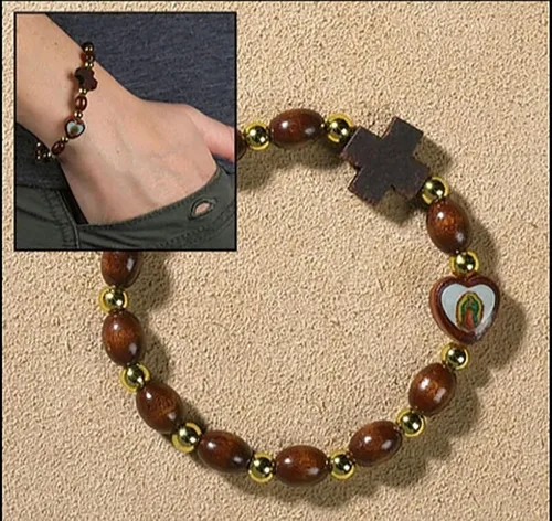 Miniatura 5 de Pulsera Virgen María - con tarjeta de oración de Nuestra Señora de Guadalupe, Oración del Señor Pulsera de madera de corazón Nuestra Señora