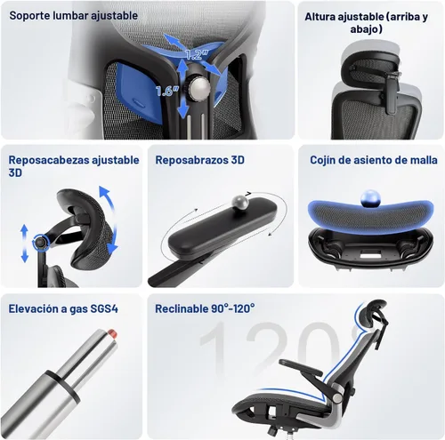 Miniatura 4 de marrap Silla de oficina ergonómica, cojín de asiento de malla con reposabrazos 3D y reposacabezas 3D, soporte lumbar ajustable con función de Negro