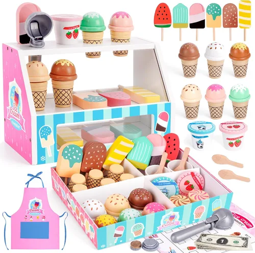 Miniatura 9 de Juego de Heladería de Madera para Niños, Juego de Cocina para Niñas Pequeñas, Juguetes de Simulación para Regalo para Niñas o Niños de 3, 4, 5, 6